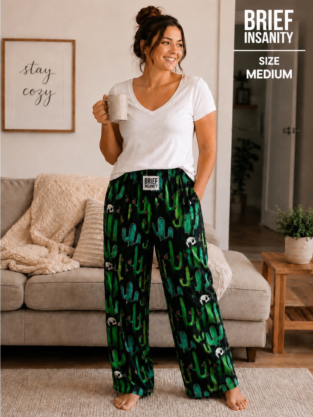 Brief Insanity Medium Cactus Skull Pajama Lounge Pants Black Green Sleepwear